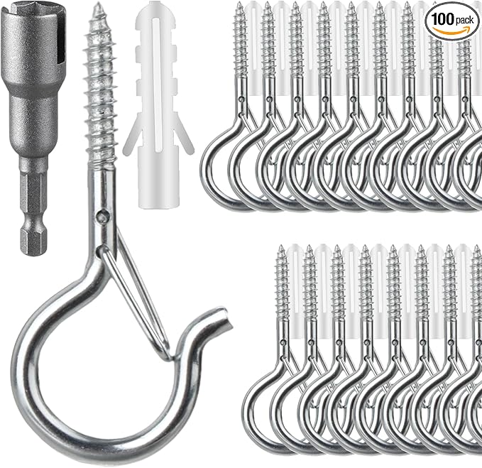 100 Pcs Screw-in Hooks for Outdoor String Lights, Q Hangers Hooks for Outside, Swivel Hanging Basket Patio Hook with Safe Buckle, Screw in Plant Eye Hook for Wall Ceiling with 1 Wing Nut Driver,Silver