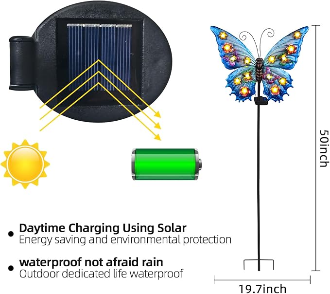 Butterfly Solar Lights Outdoor Waterproof Large with 14 String Bulbs and Flowers, Solar Garden Stakes Butterfly Yard Decor Gardening Gifts for Women Mom Grandma Gardeners Enthusiasts 50"