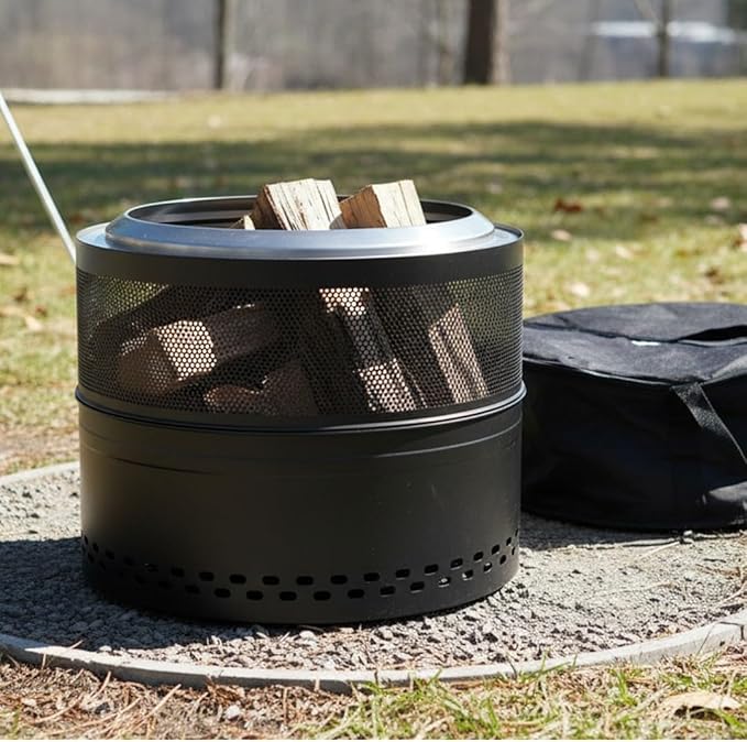 Outdoor Smokeless Fire Pit, 20'' Portable FirePits for Camping, Smokeless FirePit for Outside with Carry Bag, Wood Burning Stove, Stainless Steel，Black