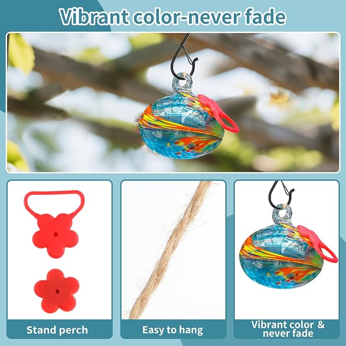 Pozfun Small Hummingbird Feeders for Outdoors Hanging,Hand-Blown Glass Hummingbird Feeder with Silicone Feeding Perch,Never Leak,Gardening Gifts for Woman Man(Blue)