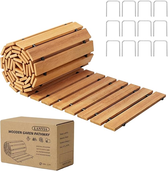 Wooden Garden Pathway Outdoor Walkway - 12 FT Roll Out Outdoor Pathway with Ground Stakes, Boardwalk Pavers for Outside Walkway, Non-Slip Garden Path for Backyard Decor, Lawn Landscaping, Natural