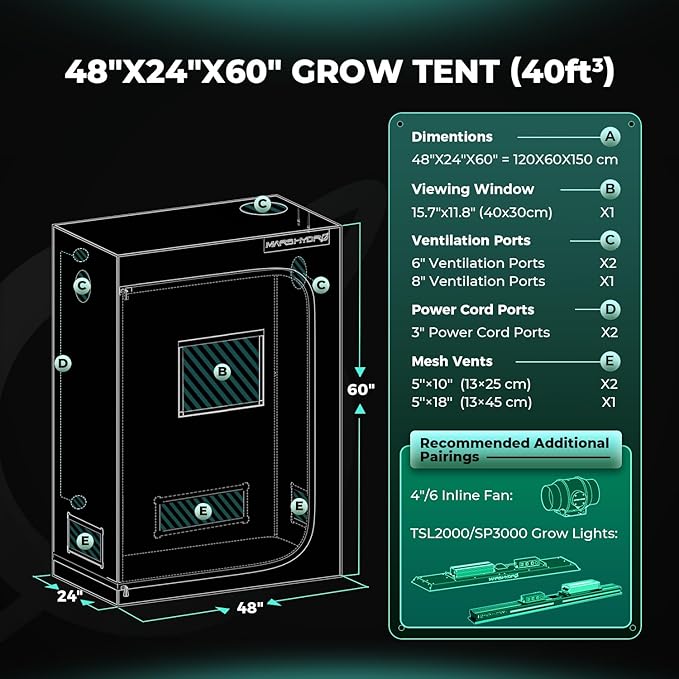 MARS HYDRO 4x2x5 Advanced Grow Tent, 48"x24"x60" High Reflective Mylar 1680D for Hydroponics Indoor Plant Growing, with Observation Window,Floor Tray and Smooth Zipper for TSL2000/SP3000