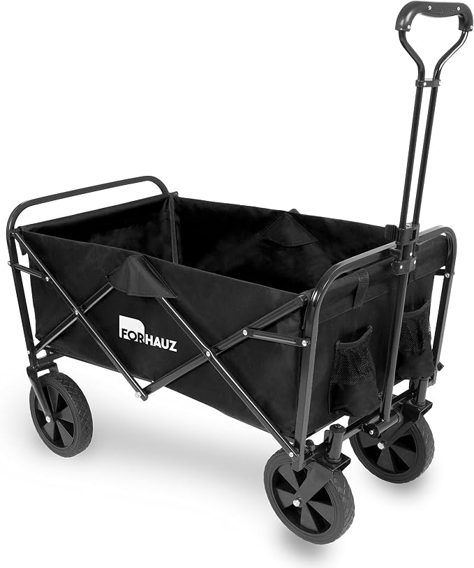 ForHauz Folding Collapsible Heavy Duty Wagon Cart with All-Terrain Wheels for Outdoor Utility, Beach and Garden, Black