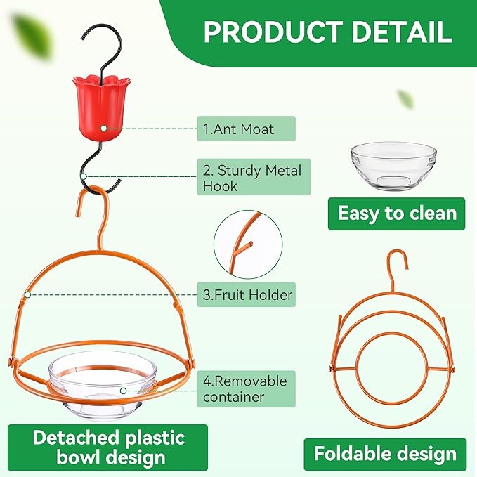 Metal Oriole Feeders for Outdoors Hanging with Ant Moat and Fruit Holder, Oriole Feeder with Glass Bowl, Easy to Disassemble and Wash, Bird Feeder for Garden, Outdoor, Gift (1 Pack, Orange)