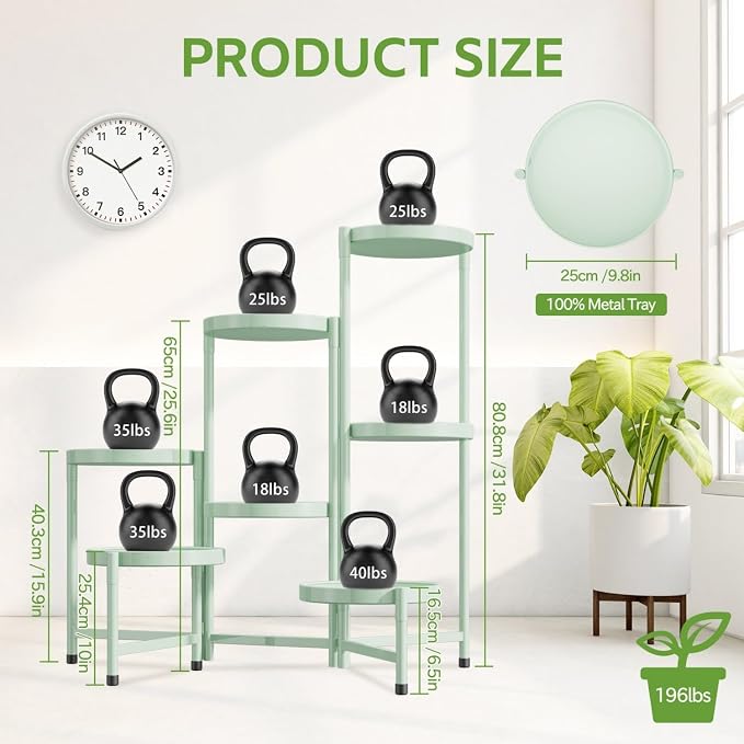iDavosic.ly 7 Tier Large Plant Stand Indoor, 10 Inch Wide Tall Corner Metal Plant Stands Outdoor for Multiple Plants, Folding Tiered Flower Display Holder Rack Shelf, Light Green