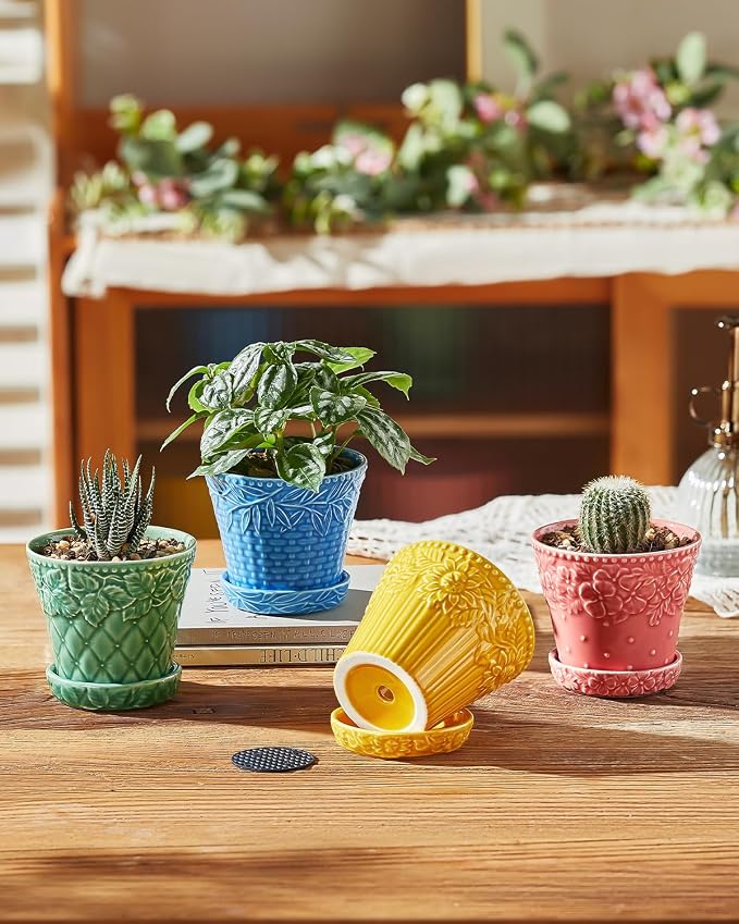 Metahom Succulent Ceramic Pots, 3.8 Inch Small Plant Pots with Drainage Hole & Saucer, Flower Planter Pot for House Plants Cacti, Home Decor, Set of 4, Assorted Colors