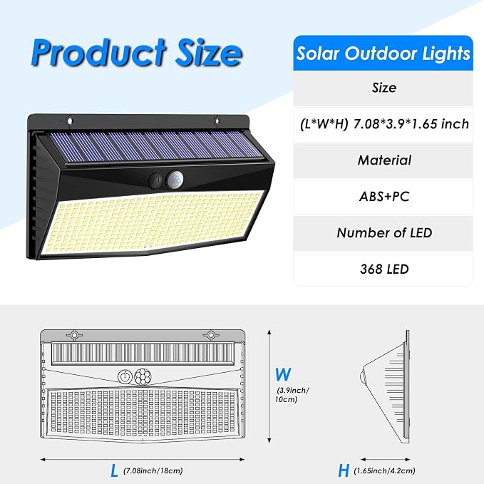 Peasur 368 LED Solar Motion Sensor Lights Outdoor, Fence Lights with 3 Lighting Modes, Solar Powered Security Light Waterproof for Outside Yard Wall Garden Backyard Step, Warm White