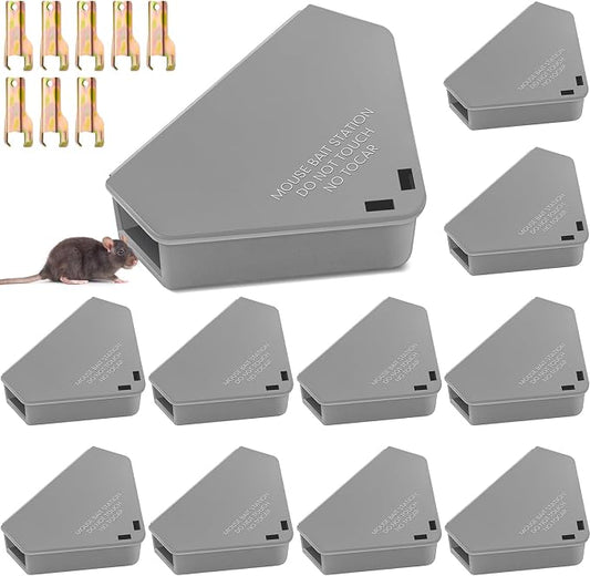 Qualirey 12 Pcs Mice Station with Key Triangle Mouse Station Lockable Reusable Bait Box, Enclosed Design for Indoor and Outdoor Use, Suitable for Small Mice (Gray)