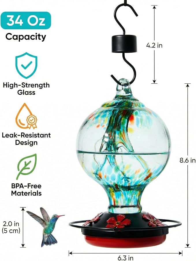 Hummingbird Feeder for Outdoors Hanging, 34 oz, Hand Blown Glass Humming Bird Feeders, Uniqe Gift for Women Mom Garden Bird Lover, Hook & Brush Included, Rainforest Blue