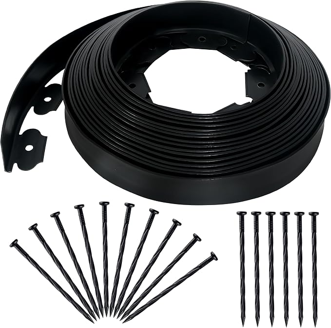 Quibbay 2 Inch x 50FT Landscape Edging Border with 75 Anchoring Spikes, No Dig Garden Border Edging Kit, Plastic Lawn Edging Border for Landscaping Garden Flower Beds Lawn Yard Paver Pathway, Black