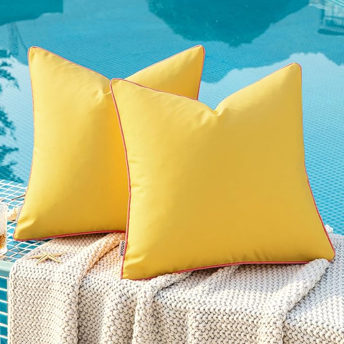 MIULEE Pack of 2 Outdoor Waterproof Throw Pillow Covers Decorative Outdoor Pillowcases Piping Edge Water Resistant Cushion Covers for Patio Garden Couch Chair Tent Balcony, 18x18 Inch Yellow