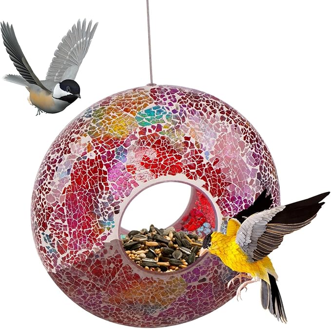 Topadorn 9-Inch Wild Bird Feeder Fly Through Garden Hanging Bird Feeder-Mosaic Round Shape Wild Birdfeeder for Outdoor Decoration, Multicolor