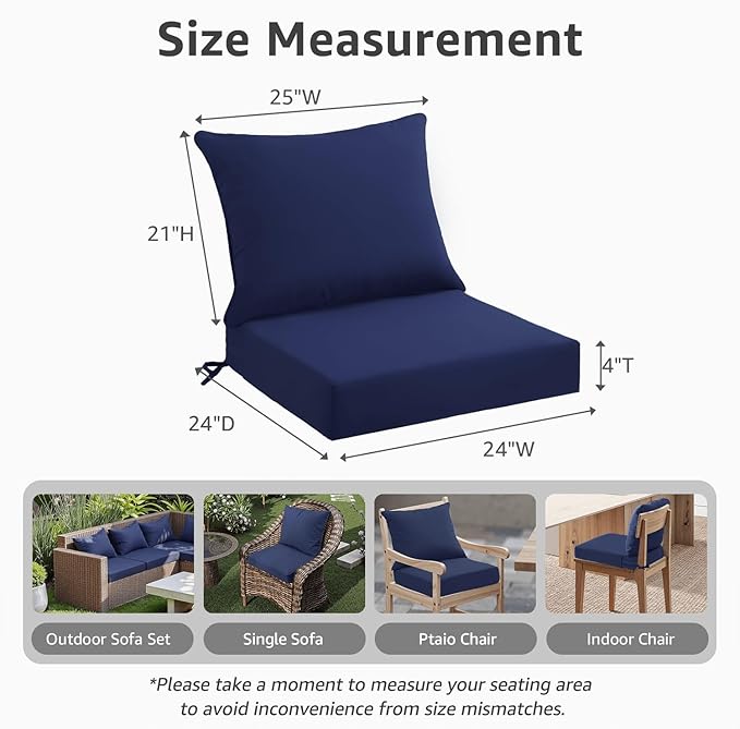 PatioGlow Outdoor Seat Cushion Set 24 x 24 x 4 Inch, Waterproof & Fade Resistant Patio Furniture Cushions with Removable Cover and Ties, Thick Deep Seating Pads for Outside Chair Sofa Couch, Dark Blue