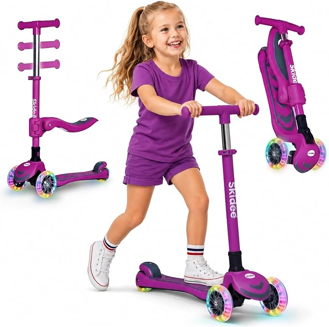 SKIDEE Kick Scooter for Kids Ages 3-5 | Foldable 3 Wheel Scooter with Lean-to-Steer, Adjustable Height, Removable Seat & LED Light Wheels | Toddler Scooter Up to 12 Year Old Boys/Girls