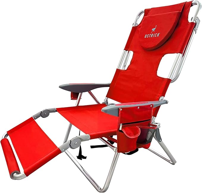 Ostrich the Backpack 3N1 Portable Chair with Cooler Bag and Reclining Lounger for Tanning, Camping, Beach, and Outdoor Essential, Red