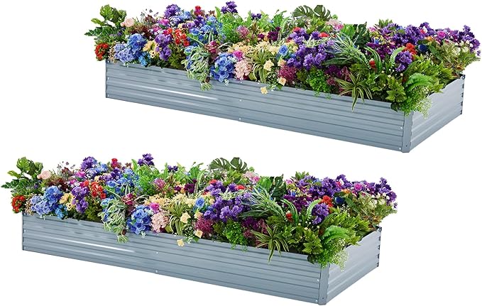 Meberam 2 Pack 6x3x1FT Galvanized Raised Garden Bed Kit, Outdoor Metal Planter Box for Vegetables, Bottomless Rectangular Gardening Bed with Support Rods, Tool-Free Assembly, Gray