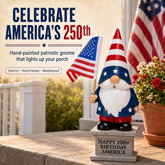 4th of July Garden Gnome with Solar Lantern 12'' Patriotic Resin Statue for Yard, Lawn, Patio - American Flag Outdoor Decoration for Memorial Day & USA 250th Anniversary Independence Day CLEARANCE
