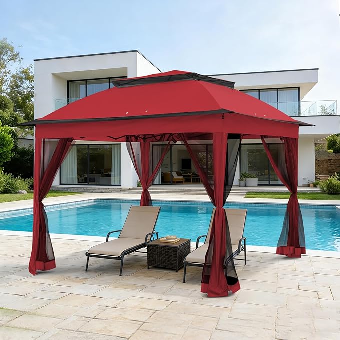 COOS BAY Pop up Gazebo 11x11, Instant Canopy Tent with Mesh Netting, Patio Gazebo with 121 Square Feet of Shade, 4 Weight Bags Included, Red