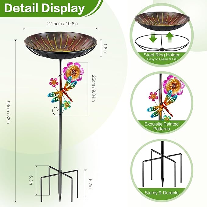 Metal Bird Bath for Outside, Removable Birdbath Feeder Bowl for Outdoors, Freestanding Bird Baths with Upgraded 5-Pronged Base for Garden Patio Yard Lawn Decor (Vintage Red-Yellow)