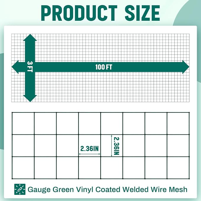Gisafai 16 Gauge Galvanized Welded Wire Fence 3 ft x 100 ft PVC Coated Hardware Cloth, 2.36" x 2.36" Mesh, Heavy Duty Garden Fencing Roll for Chicken, Dog Yard, Deer Cattle & Animal Protection(Green)