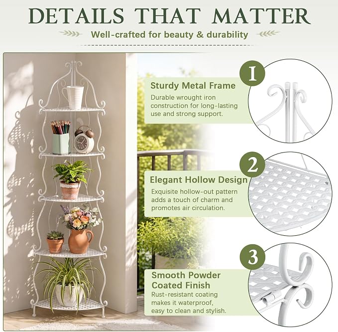 Gisafai 5 Tier Outdoor Corner Plant Stand, Corner Bakers Rack, No Assembly Required Metal Corners Shelf, for Patio Garden Balcony Indoor Outdoor Decor (White)