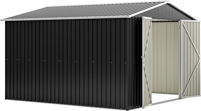 YOPTO 10 x 10 FT Outdoor Storage Shed,Heavy Duty Tool Sheds Metal Storage Garden Shed with Sloped Roof and Lockable Doors,Large Metal Storage Sheds for Backyard Patio Lawn, Black