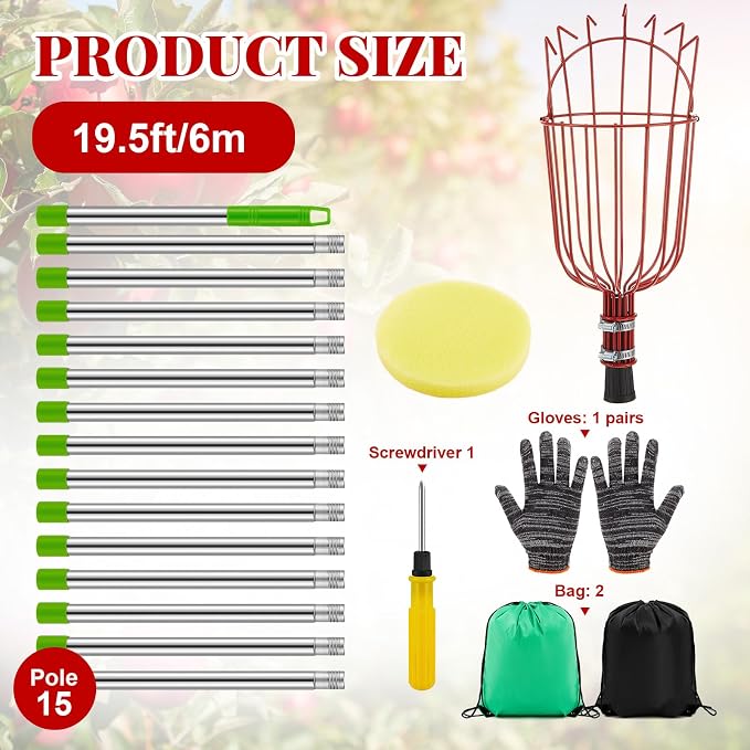 Colingmill 19.5ft Fruit Picker Pole with Basket, Telescoping Fruit Picking Tool with Soft Cushion, Extendable Harvester for High Trees, No Ladder Needed for Apple, Cherry, Orange, Citrus, Peach