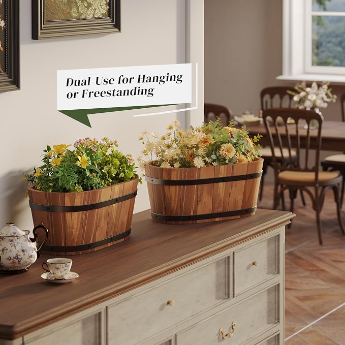 Railing Planters for Outdoor Plants Balcony Hanging Flower Pots with Detachable Hooks, Window Flower Box Hanging Bucket Pots Fence Planters for Garden Home Decor (Brown-2pack, Large)