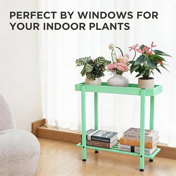 Honla Metal Plant Stand Indoor Outdoor,2 Tier Window Tall Plant Table Bench Shelf for Multiple Plants,26" L x 8.66" W x 24.40" H,Mint Green