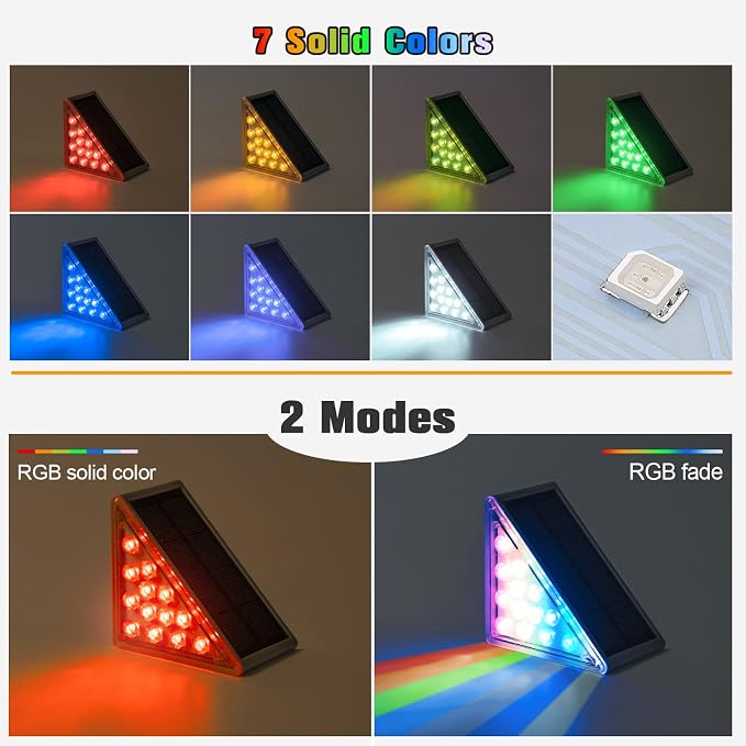 NIORSUN Solar Step Lights,8 Pack RGB Solid Color Changing Solar Stair Lights Outdoor Waterproof IP67 Auto On Off,Solar Lights for Steps,Stair,Patio,Yard,Porch,Front Door,Deck Decor