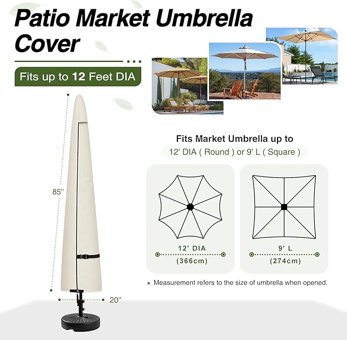 Porch Shield Patio Umbrella Cover - Outdoor Waterproof Garden Market Parasol Covers Fits Market Umbrella up to 12 Feet, Beige