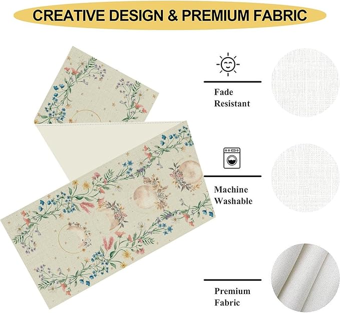 Floral Moon Table Runner, Boho Rustic Spring Flower Moon Phase Seasonal Mystical Gothic Coffee Table Center Decor for Family Kitchen and Living Room Outdoor Farmhouse Table Decorations, 13"x36"