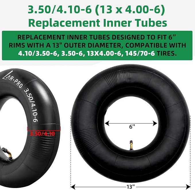 AR-PRO 3.50/4.10-6 (13 x 4.00-6) Replacement Inner Tubes for 6-Inch Rim Tires with TR-87 Bent Valve, Heavy-Duty Inner Tubes for Lawn Mowers, Wheelbarrows, Hand Trucks, Dollies – 2 Pack