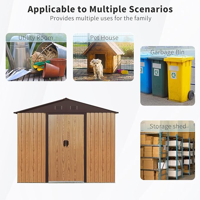 8x4 FT Outdoor Metal Storage Shed with Window, Galvanized Steel Garden Shed, Lockable Sliding Door, Sloped Roof, Ventilated Tool Storage House with Foundation Kit for Backyard Lawn, Coffee