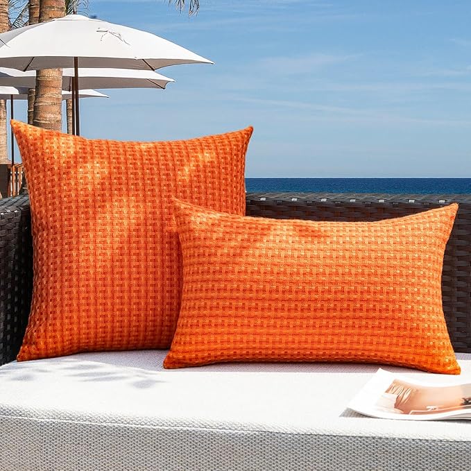 Kevin Textile Fall Outdoor Waterproof Throw Pillow Covers Pack of 2 Boho Farmhouse Decorative Lumbar Cushion Covers for Garden Patio Tent Balcony Bench Couch Sofa 12x24 Inch, Orange
