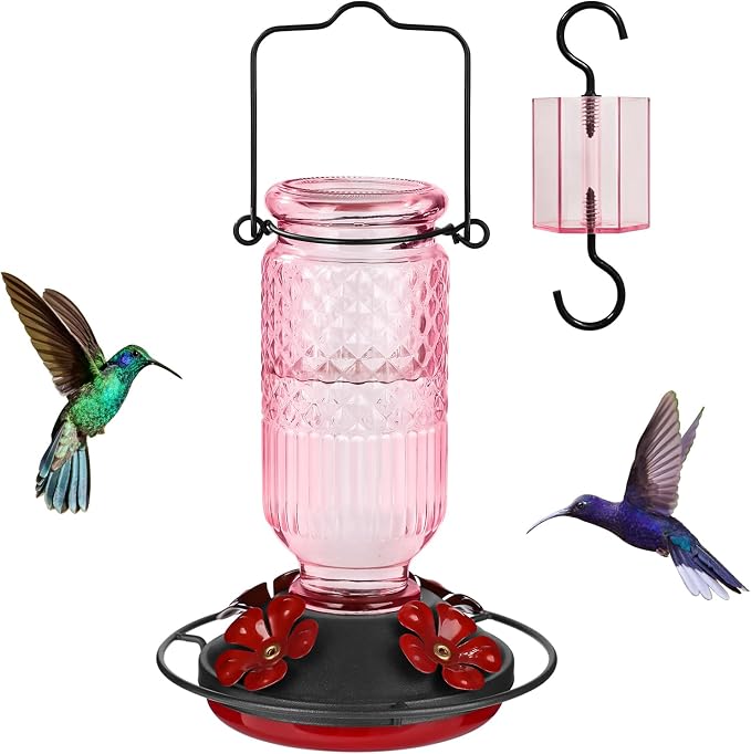 FEED GARDEN Glass Hummingbird Feeder 16 Oz Pink + 20oz Red