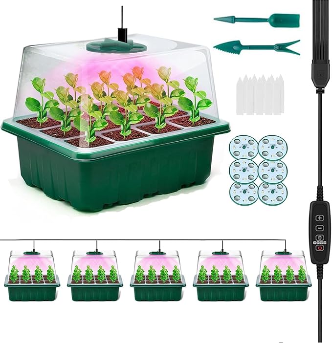 Seed Starter Trays, 72-Cell Seed Tray with LED Grow Lights, Adjustable Humidity Drainage, Germination with Transparent Domes for Succulent Herbs Plant Seedlings, Indoor Seedling Greenhouse, 6 Pack