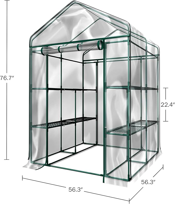 Greenhouse - Walk in Greenhouse with 8 Sturdy Shelves and PVC Cover for Indoor or Outdoor Use - 56 x 56 x 76-Inch Green House by Pure Garden