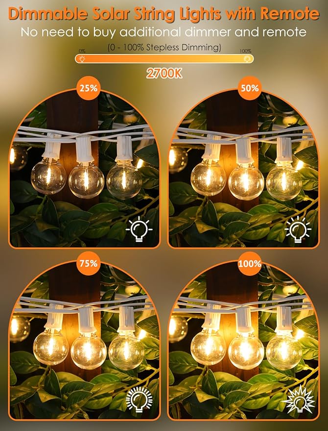 Larkvue 50FT(2x25FT) Solar String Lights Outdoor with Remote, Waterproof Dimmable 3 Modes Patio Lights with 20+2 LED G40 Bulbs for Party Bistro-White