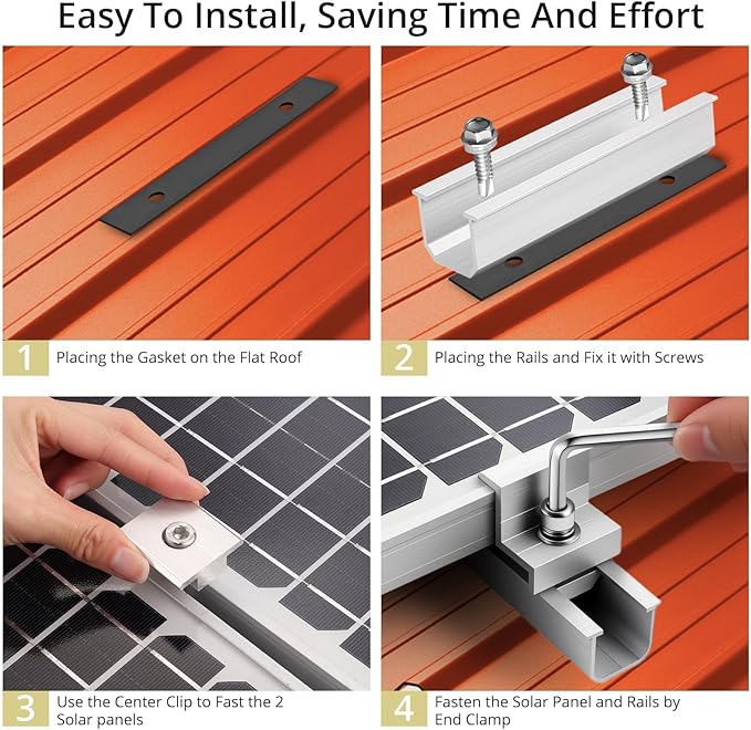 Anbte Solar Panel Mounting Brackets, Included 10 x 4.72 in Rails + 4 end Clamps + 6 Center Clamps + 1 Wrench, Aluminum Solar Mounting Kit for 4 Panels, Waterproof, for Roof, RV, Boat, Silver