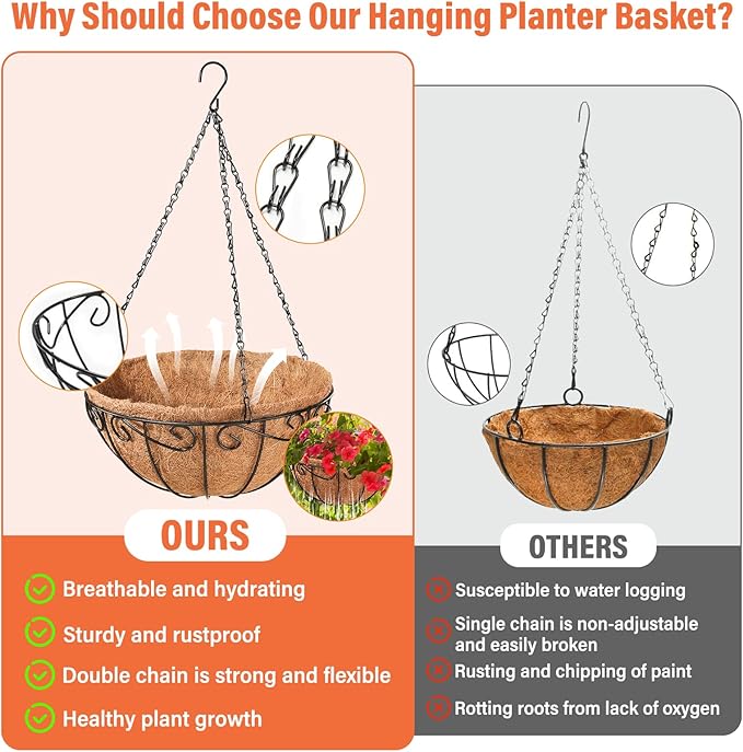 Legigo 3 Pack 10 Inch Metal Hanging Baskets for Plants Outdoor- Round Wire Hanging Planters Basket with Coconut Coir Liner, Hanging Flower Pot for Outdoor Plants Flowers Garden Decorations