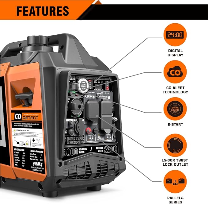 GENMAX Generator，EPA Compliant, Eco-Mode Feature, Ultra Lightweight for Backup Home Use & Camping