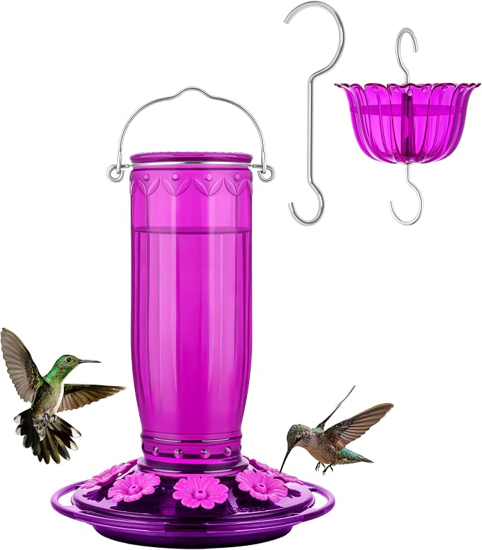 iBorn Hummingbird Feeders for Outdoors Hanging with Ant Moat for Hummingbird Feeder Glass 8 Ports for 16oz Humming Bird Nectar, Fuchsia Magenta, Pack of 1
