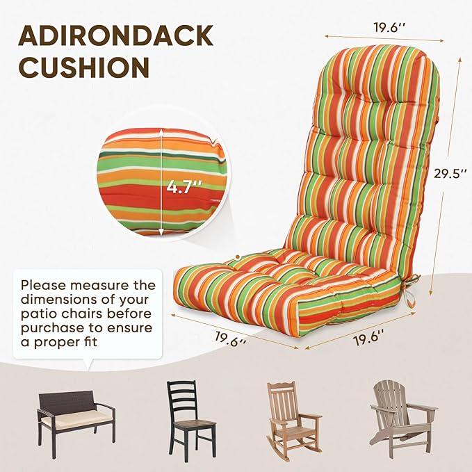COOS BAY High Back Adirondack Chair Cushions for Outdoor Furniture, 49x20x5 in Water-Resistant Thick Tufted Patio Chair Cushions with Secure Straps, Set of 2, Rainbow
