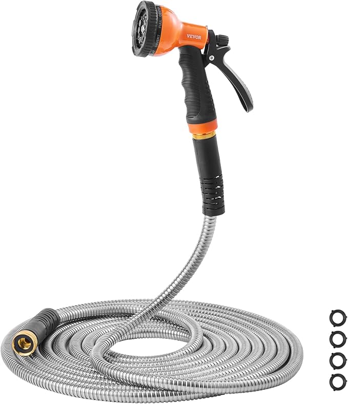 VEVOR Garden Hose Metal 100FT – Heavy Duty Stainless Steel Water Hose, Flexible, No Kink & Tangle, Puncture Resistant & Rust Proof, Lightweight w/ 10-Function Spray Nozzle for Yard, Outdoor, Gardening