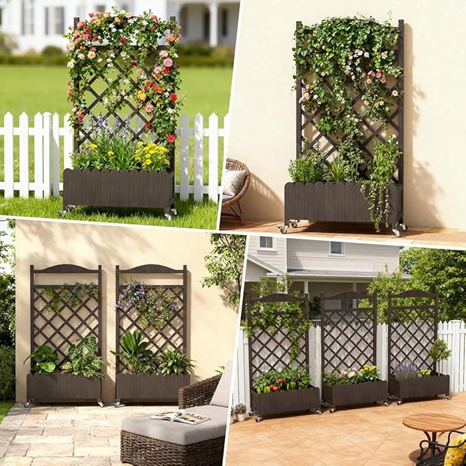 COMHOMA Raised Garden Bed with Trellis and Wheels,48Inch Elevated Planter Box with Drainage Holes,Lattice Privacy Screen for Climbing Plants Vegetables,Outdoor for Patio Balcony Yard,Brown