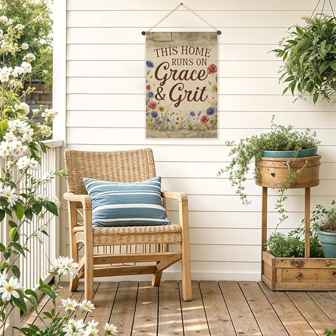 This Home Runs On Grace and Grit Garden Flag Double Sided Yard Outdoor Decoration 12x18 Inch, Vintage Floral Yard Decoration Garden Flag, Christian Home Banner, New Home Housewarming Gifts