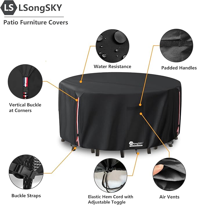 Round Patio Furniture Covers,600D Heavy Duty Waterproof Outdoor Furniture Cover for Round Dining Table with Rocking Swivel Chairs Set,72" Dia x 28" H Black