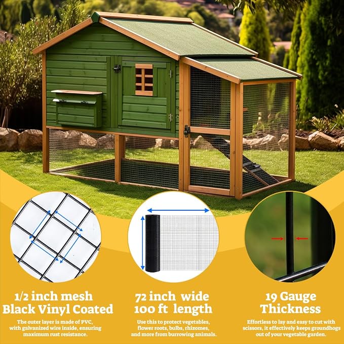 HORCH Black Hardware Cloth 1/2 inch 72 x 100 ft 19 Gauge, Vinyl Coated Wire Mesh Roll, Chicken Wire Fence Roll, Chicken Wire Mesh, Welded Wire Fencing, Garden Fence, Tree Guard, Cage Wire, Wire Cloth
