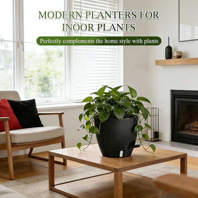 Self Watering Pots with Drainage Holes, 2 Pack 8 Inch Plant Pots with Water Level Indicator Deep Reservoir, Large Plastic Planter for Indoor Outdoor Plants - Black
